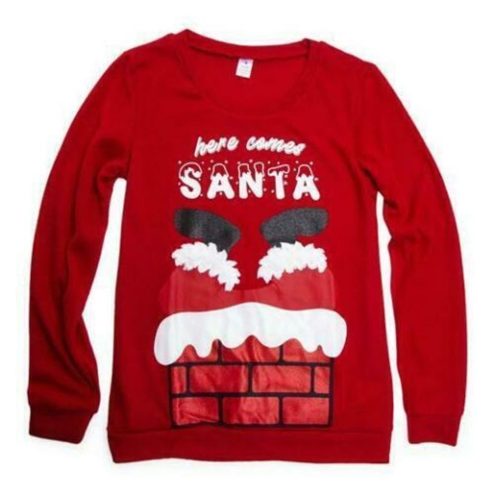 juniors ugly christmas sweater knit top - here comes santa Small
